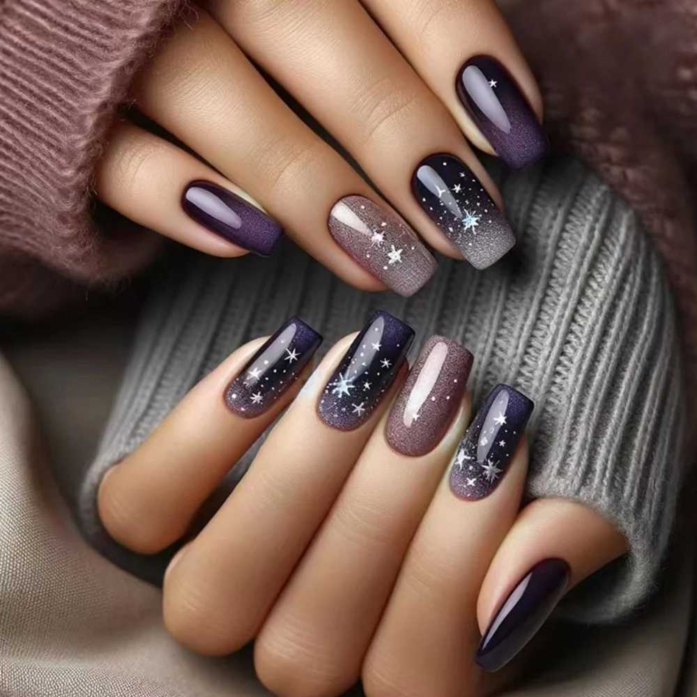 24 pieces of medium to long ballet complete set of nails square head purple gradient pressed fake nails artistic sparkling stars simple design fake na