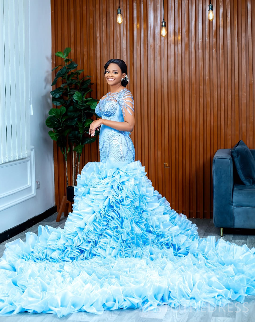 2025 Plus Size Sky Blue Aso Ebi Prom Dress Detachable Train Mermaid Evening Gowns Sheer Neck Long Sleeves Beaded Lace Birthday Dress Second Reception 