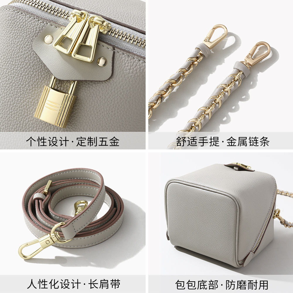 Bag Top Layer Cowhide Niche Design, Elephant Buckle Box Bag, High-End Fashion, Versatile Single Shoulder Crossbody Bag