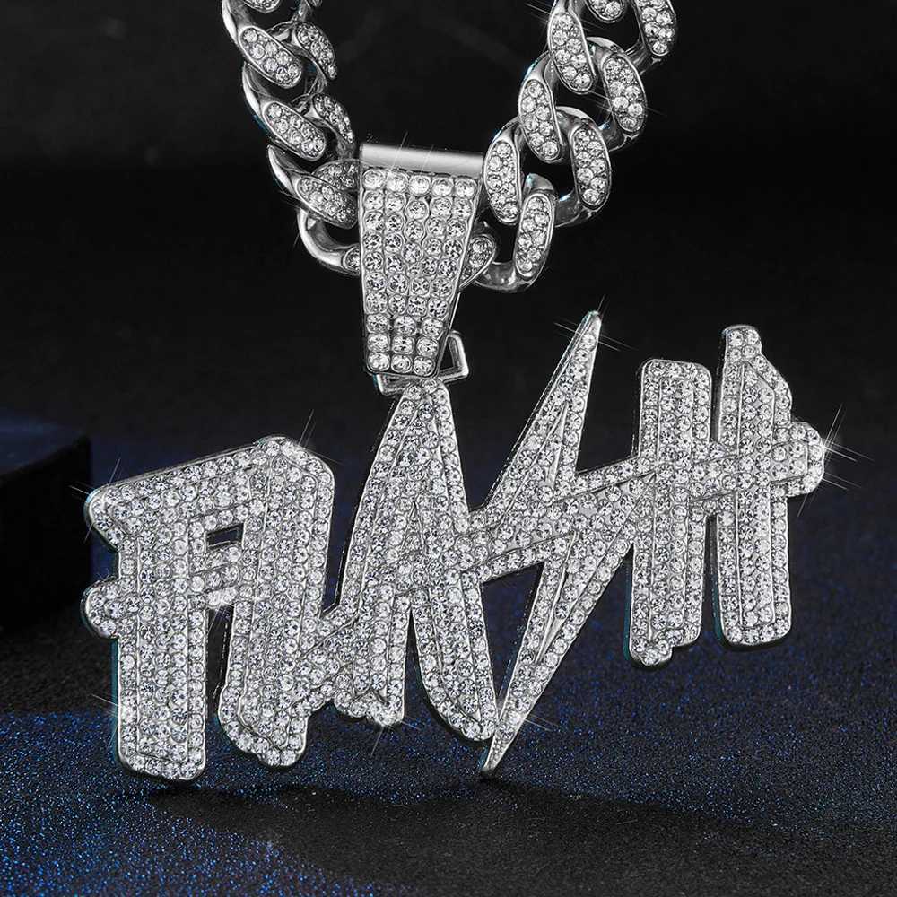 New Hip Hop Flash Lightning Large Letter Pendant Necklace With 13mm Cuban Chain Letters Necklaces For Mens Women Rapper JewelryXJ250121