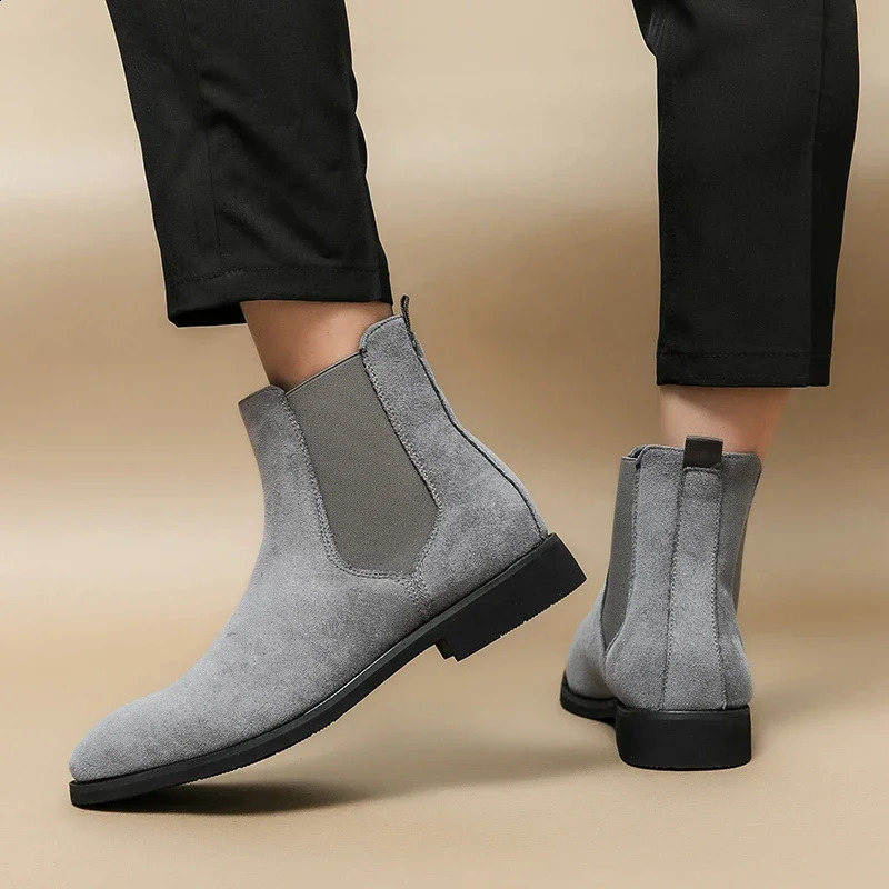 Gray Chelsea Boots for Men Flock Business Men Ankle Boots Cowboy Boots Handmade Men Size 38- Zapatos De Hombre 250120