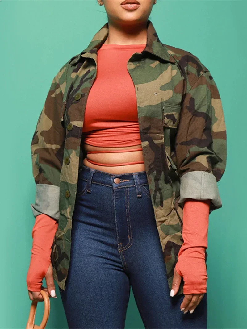 Camouflage Print Big Pocket Jacket Spring INS Clothing Long Sleeve Camo Trench Coat Casual Oversize Cardigan Top Outwear 250114