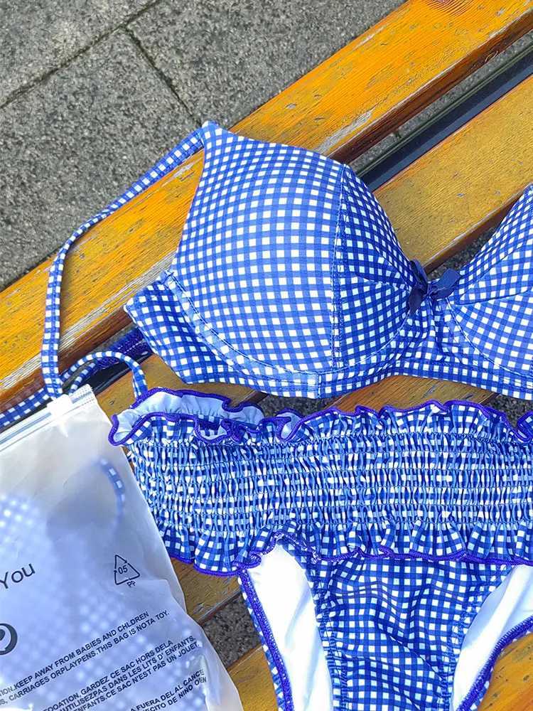 Miyouj Push Up Bikini Set Plaid Print Swimwear Sexy Swimsuit Women String Beachwear Pleated Bathing Suits Ruffle BiquiniXJ250120