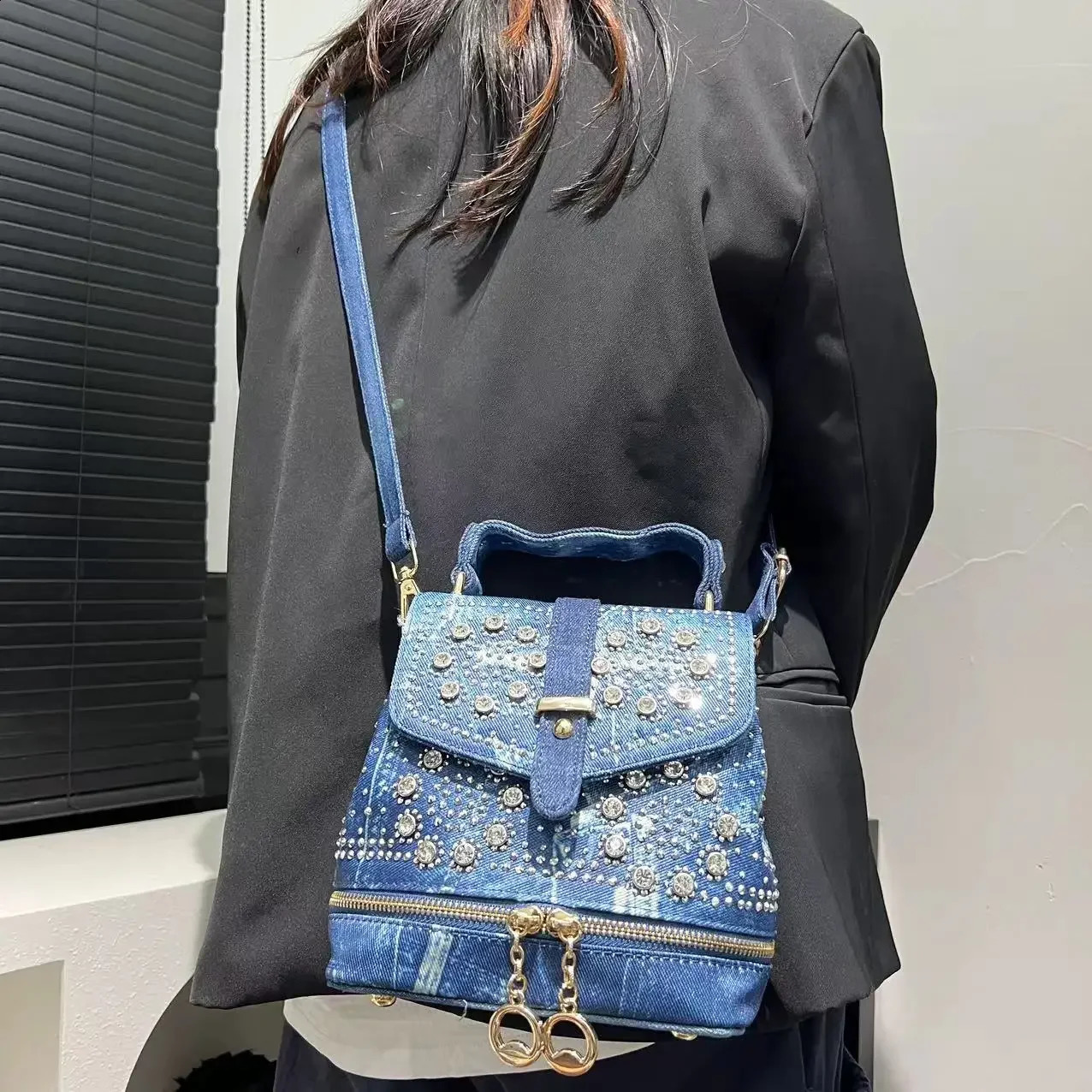 Womens Fashion Diamond Elegant Backpack Multifunctional Diamond Denim Shoulder Bag 250122
