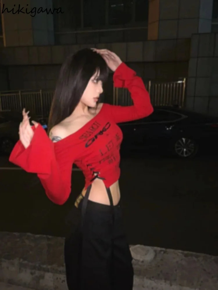 Red Sexy T Shirts Women Clothing Long Sleeve Slash Neck Tees Y2k Tops Letter Crop Tshirt Bandage Tunic T-shirts Ropa Mujer 250122