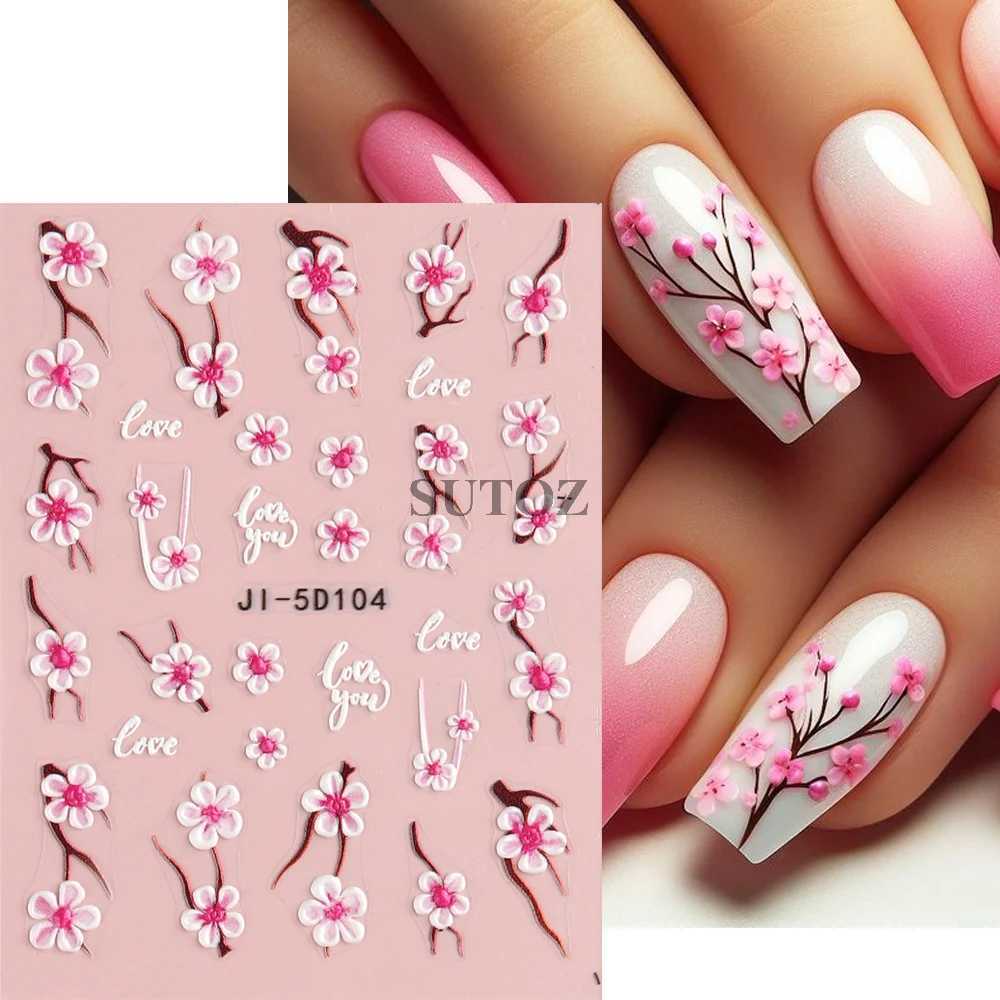 5D Cherry Blossom Nail Stickers Pink Petals Flowers Nail Decors Spring Summer Self-Adhesive Manicure Embossed Decals NLJI5D-105XJ250120