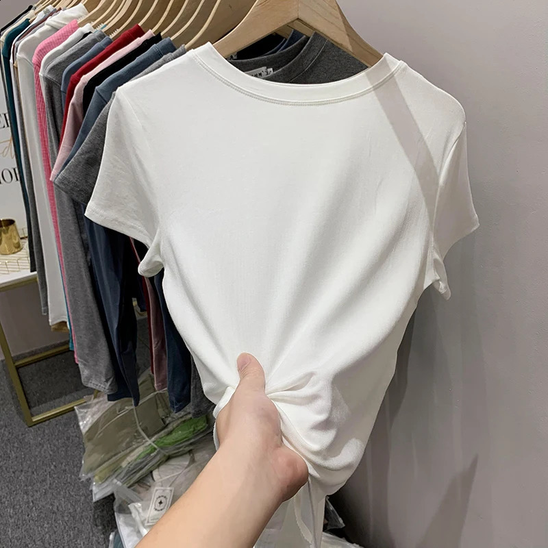 100% Cotton T Shirt Women Summer Slim Solid Basic Tees Casual Tshirt Korean O Neck Black White Gray Short Sleeve Tops 250122