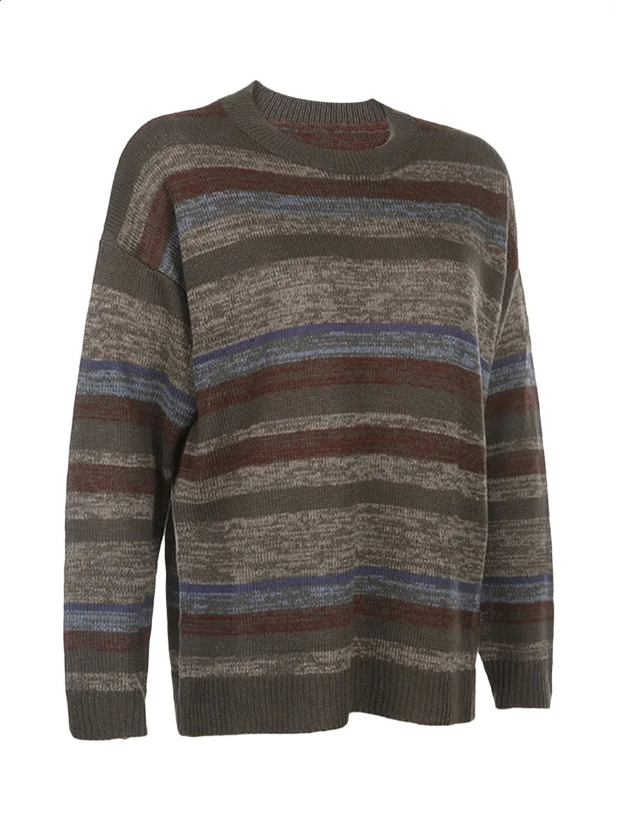 Women s Vintage Striped Print Sweater Round-Neck Long Sleeve Fall Loose Pullover Jumper Tops 250121