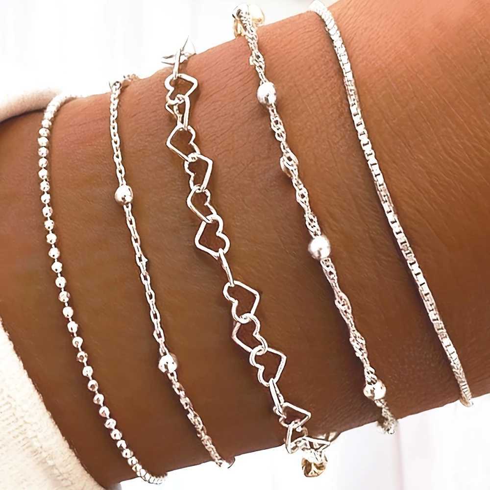 8pcs Elegant Chic Minimalist Thin Stackable Metal Silver Color Heart Chain Bracelets Set for Women Daily Match Bracelet Jewelry W250121
