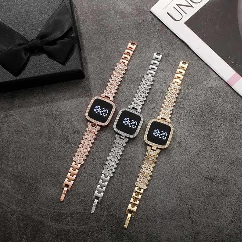 Luxury Rhinestone Digital Watch for Wen Simple Touch Screen LED Watch Fashion Steel Strap Rose Gold Ladies Watch Womens Watch X250203