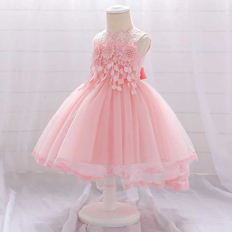 Cute Girl Pink Princess Dress Newborn Childrens 1st Birthday Party Embroidered Flower Costume Baby Bow Baptist Dress X250203