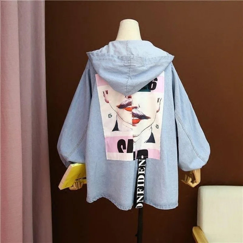 Womens Hooded Denim Jacket Spring Autumn Plus Size Loose Blue Jean Jacket Coat Retro Wholesale Cropped Top 250121