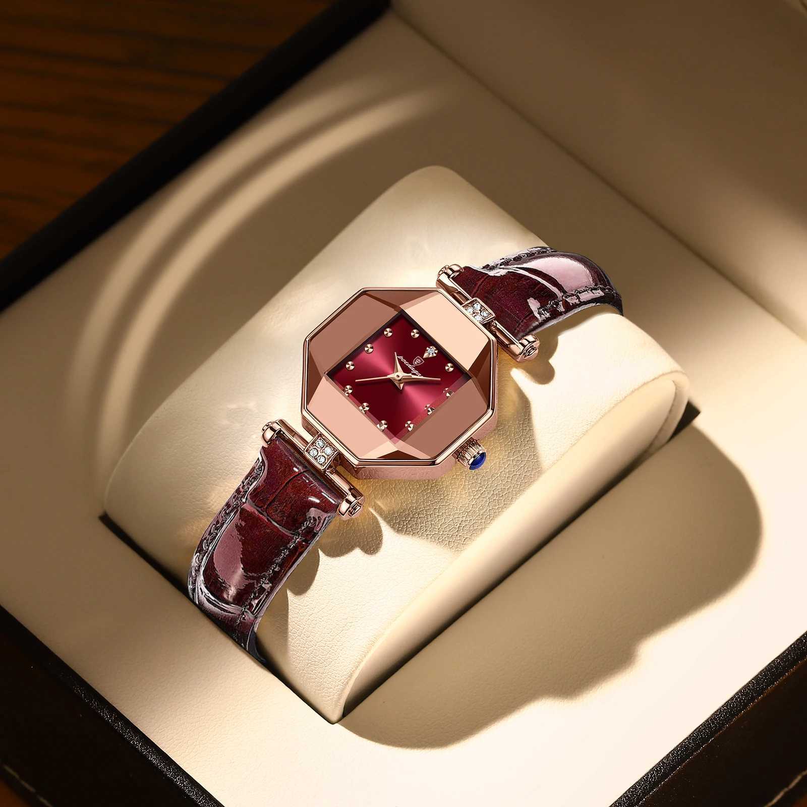 POEDAGAR Wen Watches Fashion Square Diamond Wine Red Leather Quartz Watch Luxury Rose Gold Waterproof Ladies Wristwatch Gift X250203