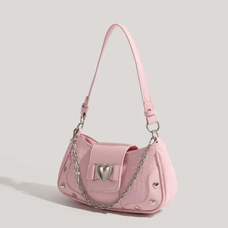 Womans Bags Pink Single Shoulder Bag Metal Chain Heart Decorati Y2K Style Underarm Bag Loveliness Lady Fi HandbagsXJ250121