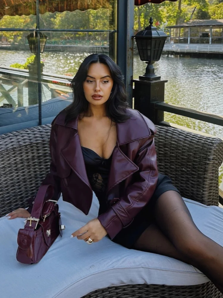 Women Burgundy Short Pu Leather Jacket Fashion Lapel Long Sleeves Cropped Coat 2025 Spring Autumn Chic Lady High Street Outwear 250122