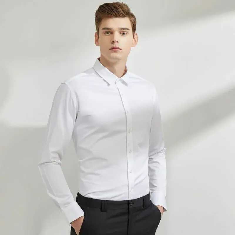 Four Seasons Mens Plain Color Simple Long Sleeve Casual Suit Shirt Slim Fit Fashion Business Plus-Size Social Must-HaveXJ250121