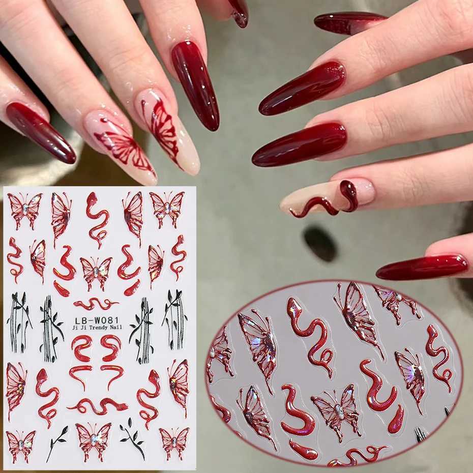 Red Laser Snakes Butterfly 3D Nails Stickers Retro Snakelike Patterns Cool Girl 2025 New Year Nail Decoration Manicure LELB-W081XJ250120