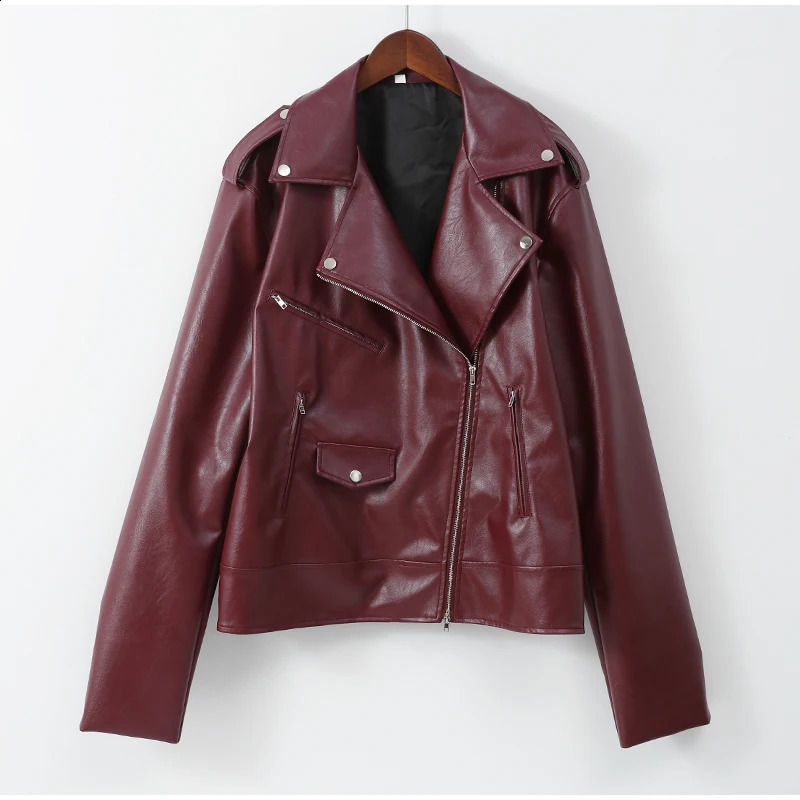 Women Solid Leather Double Zipper Motorcycle Jacket Fashion Loose Lapel Long Sleeved Pu Cropped Coats Autumn Female Streetwear 250122