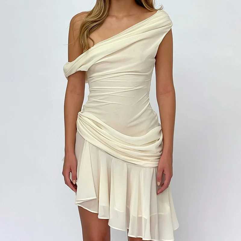 Summer Ruffled Off-shoulder Summer Mini Dress Fe Backless Fashion Slim Mesh Patchwork High Waist Dress Womens Mini DresseXJ250115