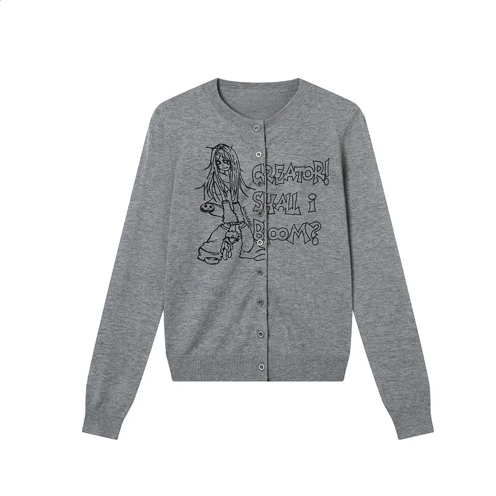 Karrram Japanese Y2k Anime Print Cardigans Vintage Harajuku Knitted Outerwears Korean Style Grey Knitwear American Retro 2000s 250122