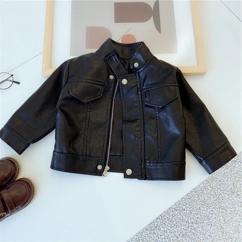 Girls Boys Black Pu Zipper Jackets Kids Baby Leather Jacket Spring Autumn Cool Coat Children Clothes Overcoats 2-6T 250113
