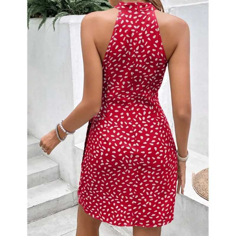 Womens Summer Fashion Hanging Neck Zipper Sveless Floral Pleated Short Dress Sexy Off Shoulder Lace-Up Mini Dress VestidosXJ250115