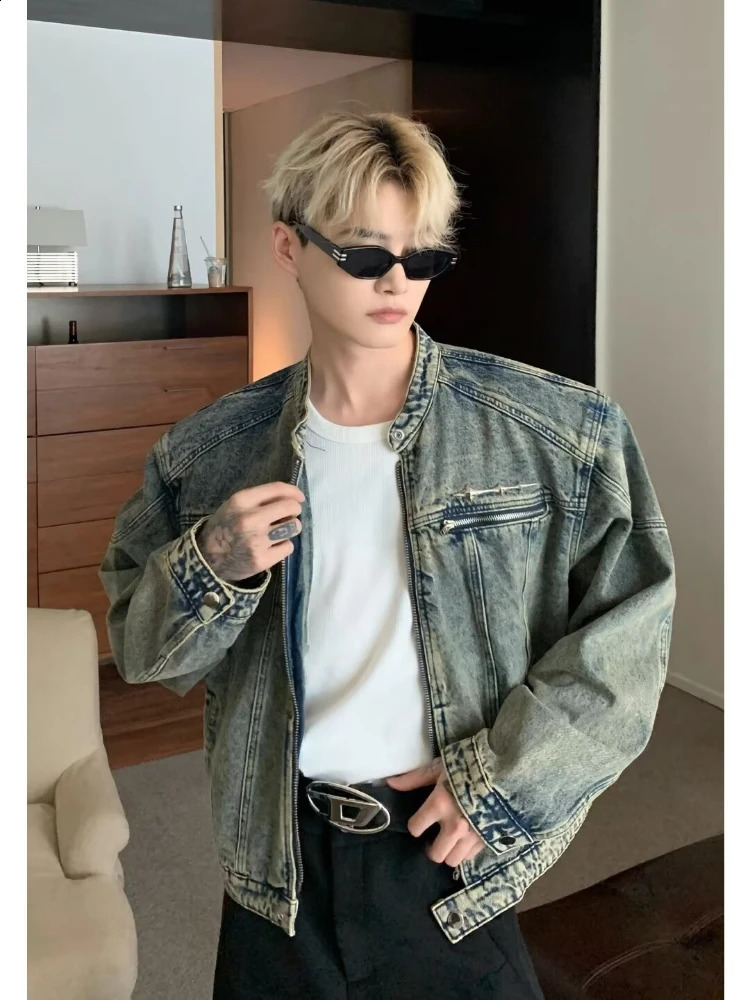 Mens denim jacket American style high street zipper vintage jacket washed distressed denim jacket spring casual streetwear 250109