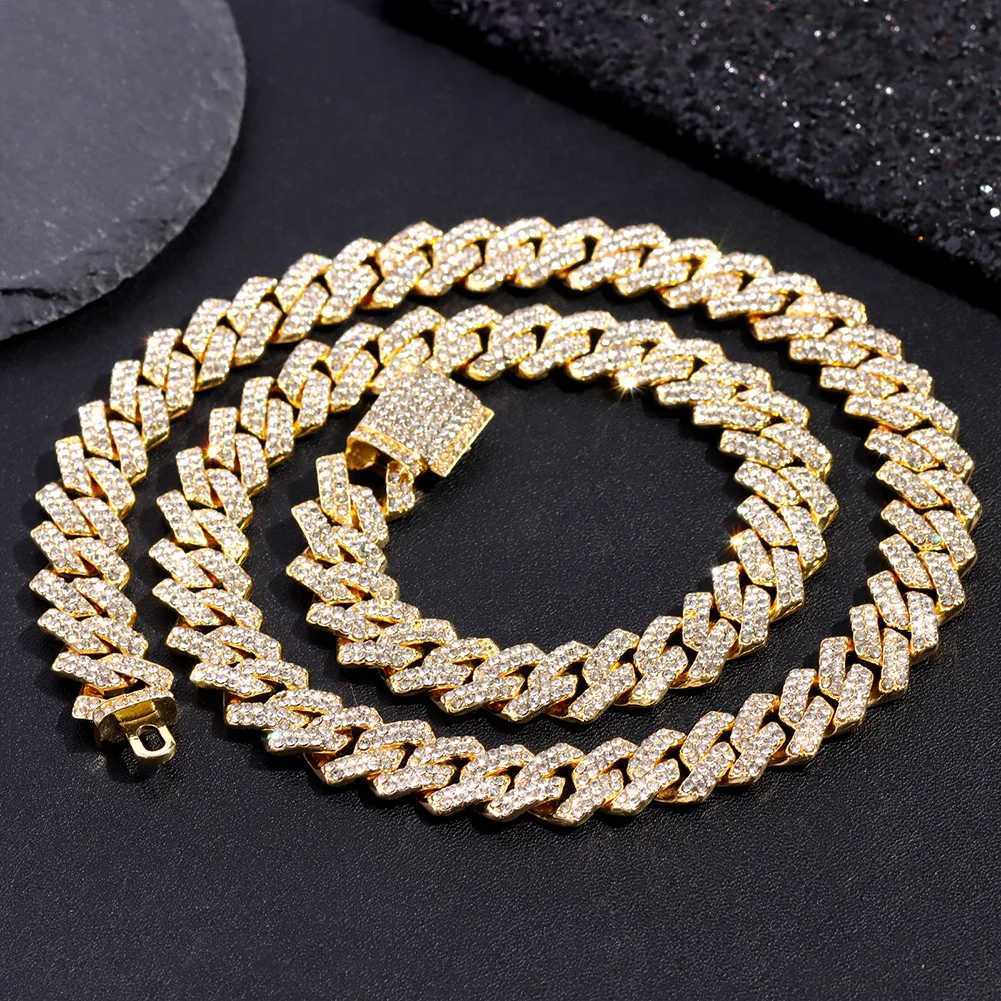 16/18/20/22/24inch Gold Color Cuban Link Chain for Women Men 2 Row Rhinestone Rhombus Prong Cuban Necklaces Hip Hop JewelryXJ250121