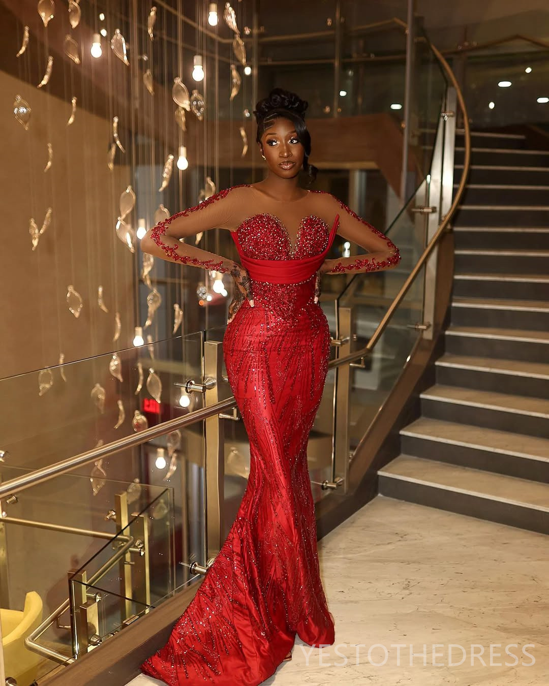 2025 Aso Ebi Red Prom Dress Mermaid Evening Gowns For Black Women Sheer Neck Long Sleeves Appliqued Beaded Lace Birthday Dress Second Reception Gown A