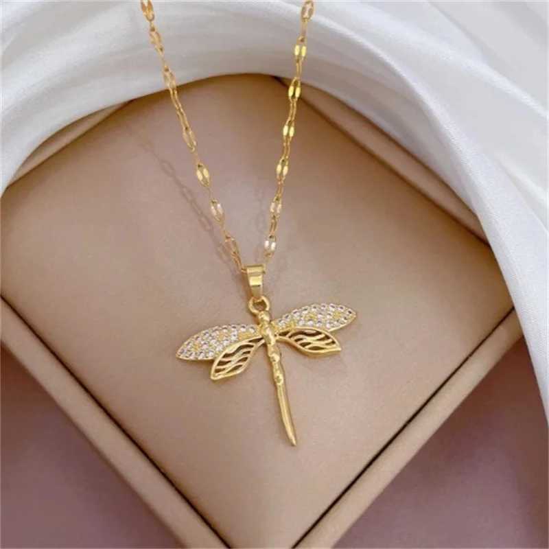 Hollow-out Dragonfly Pendant Necklace with Titanium Steel Chain and Micro-inlaid Zircon Stylish Womens AccessoryXJ250121