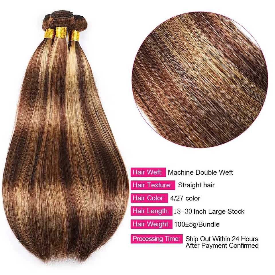 30 Inch P4/27 Straight Bundles With 13X4 Lace Frontal Raw Brazilian Human Hair Weaving 3 Bundle Deals Highlight Bundle ExtensionXJ250120