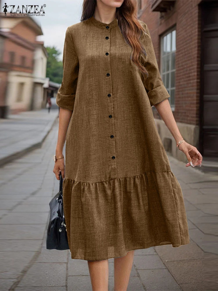 2025 ZANZEA Spring Sundress Women O Neck Long Sleeve Shirt Dress Solid Vestidos Casual Buttons Midi Robe Autumn OL Work Dresses 250122