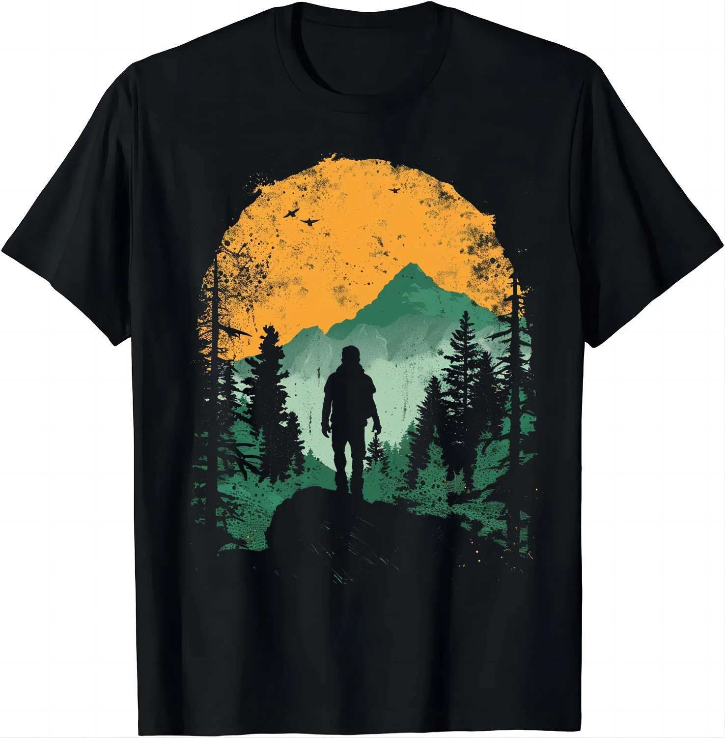 Retro style Hiker T-shirt with mountain print graphic T-shirt mens clothing top Camisas Streetwear Ropa Hombre X250203