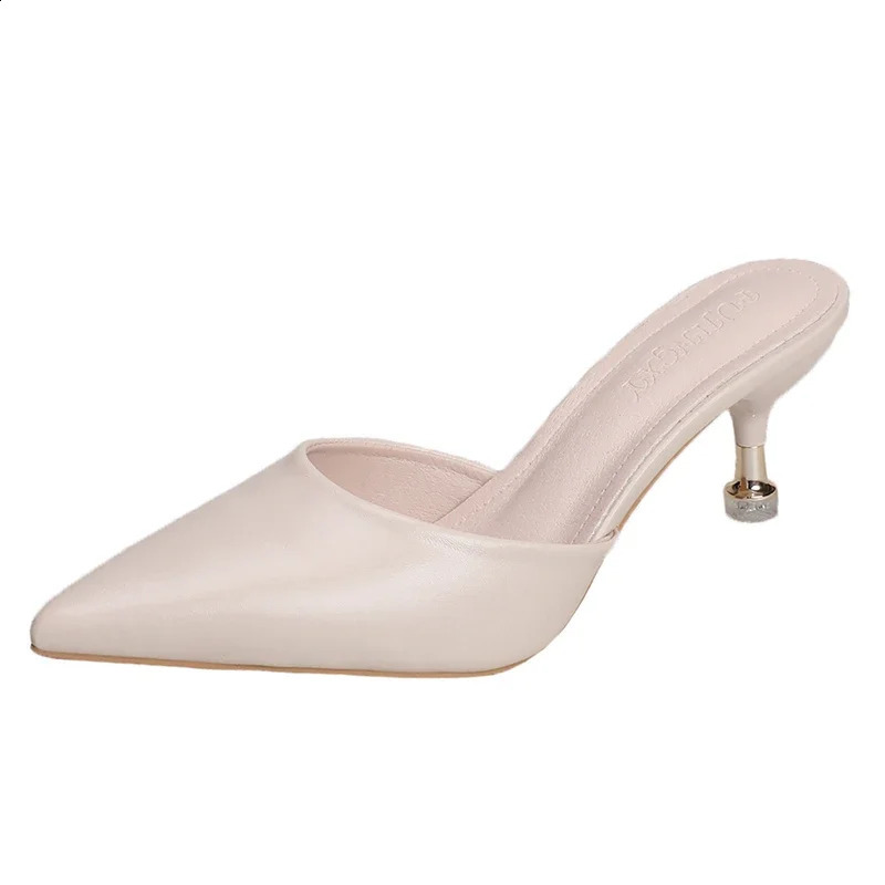 Fashion Thin Heel Outside Slippers for Women Summer High Heel Ladies Shoes Baotou Rubber Pu Womens Slippers 250113