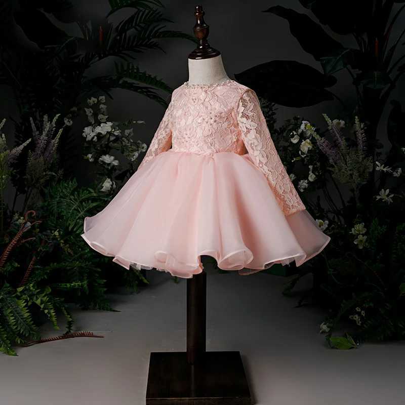 Cute Girl Baby Party Dress 1-Year Baby Girl Birthday Frog Crystal Bead Chiffon Long Sleeve Preschool Girl Christmas Dress X250203