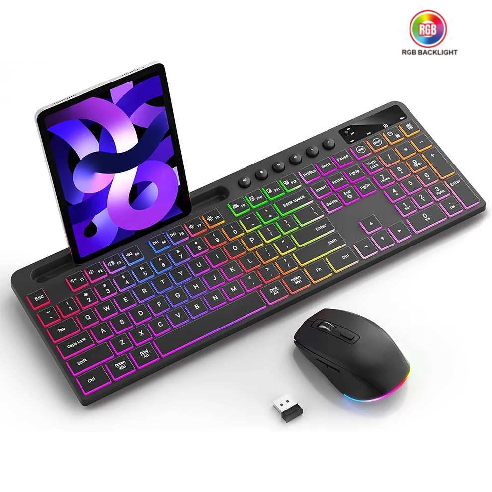 Wireless Keyboard and Mouse Combo with Backlit Full Size Ergonomic Keyboard with Phone Tablet Holder 2.4G Mouse for PC Laptop X250203