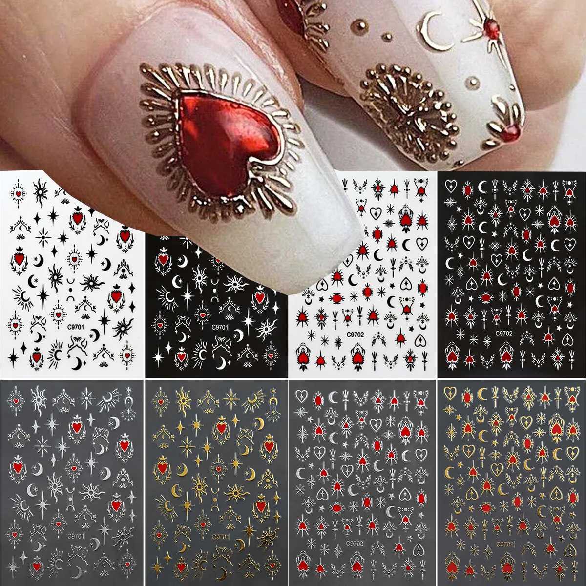 8Pcs Red Heart Nail Stickers 3D Bronzing Silver Gold Heart Shape Star Moon Metal Totem Nail Slider Self-Adhesive DIY Nail Art*XJ250120