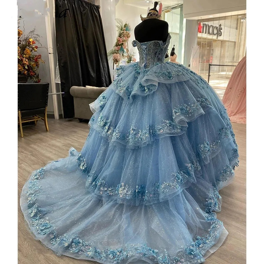 2025 Light Blue Off The Shoulder Ruffles Ball Gown Quinceanera Dresses Sequined Lace Beading Crystal Corset Vestidos De 15 Anos
