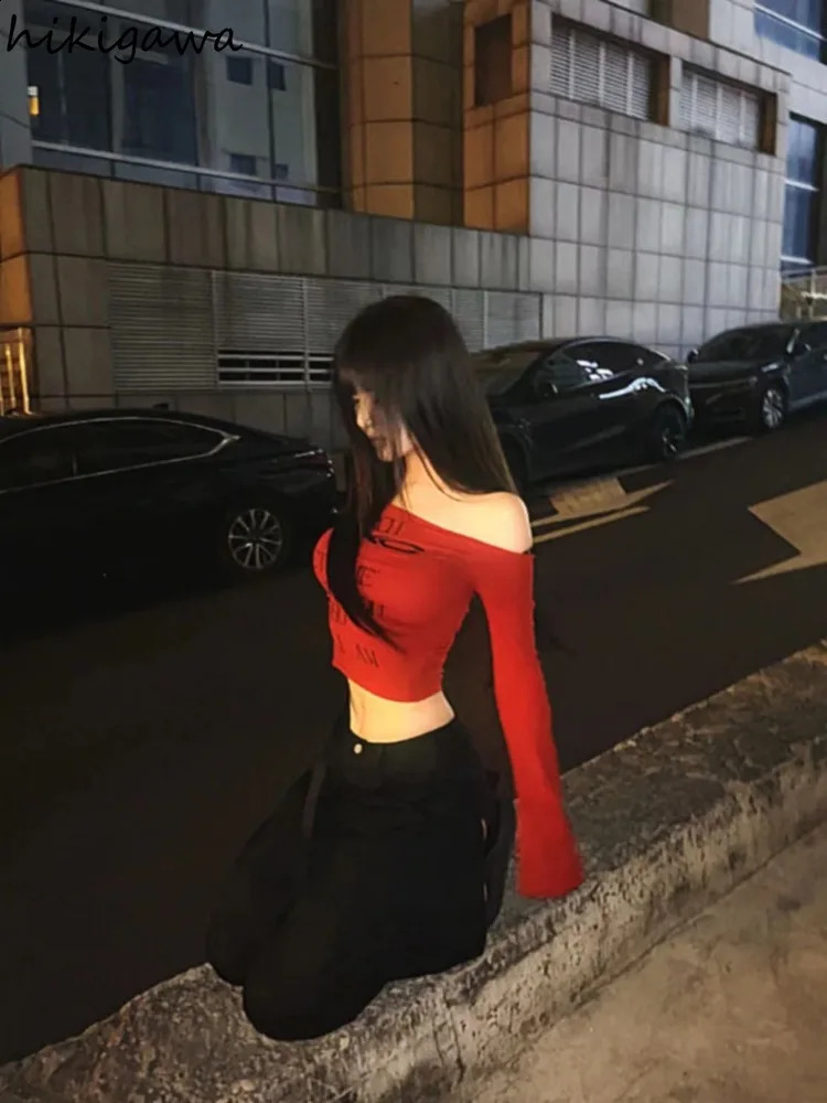 Red Sexy T Shirts Women Clothing Long Sleeve Slash Neck Tees Y2k Tops Letter Crop Tshirt Bandage Tunic T-shirts Ropa Mujer 250122