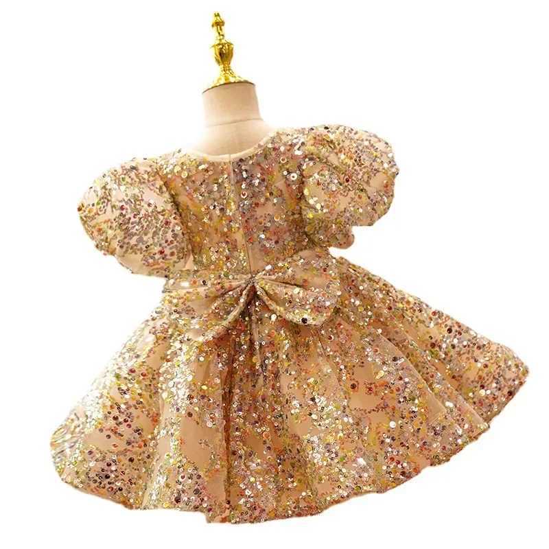 Baby Bow Birthday Princess Dress Elegant Sequin Girl Golden Lace Baptism Tutu Dress Formal Evening Party First Communion Costume X250203
