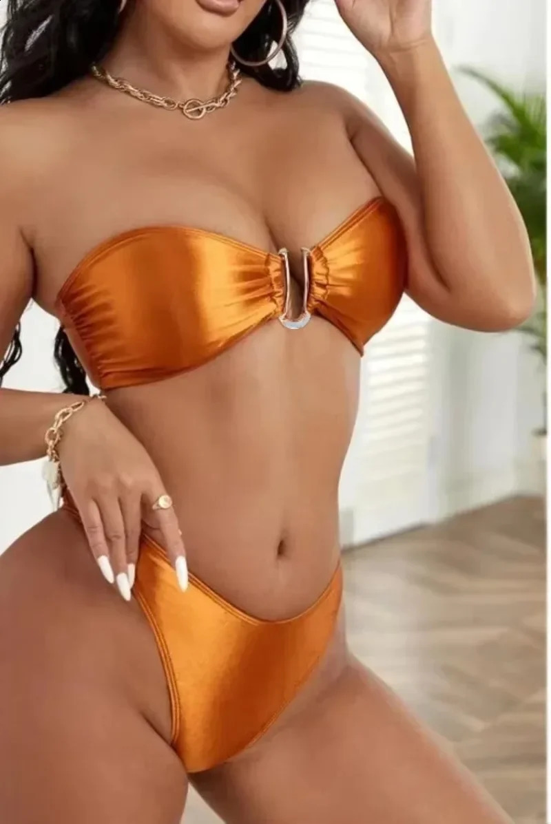 Summer Solid Push Up Woman Swimsuit Beach Sexy Bikini Set Solid Swimming Suit for Women Swimwear Bandeau Bathing Suit 250118
