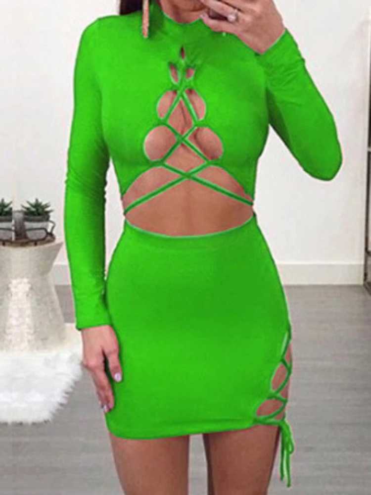 Sexy Cross Bandage Hollow Out Elastic Slim Bodycon Dress Women Long Sved Solid Color Mini Dress Evening Club Party VestidosXJ250115