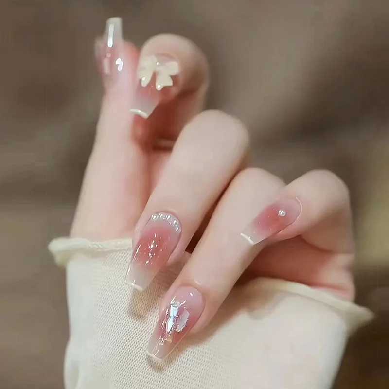 l Butterfly 24 Pcs Press on Nails Pink Gradient Fake Nails Glossy Artificial Finger Manicure Reusable False NailsW250120