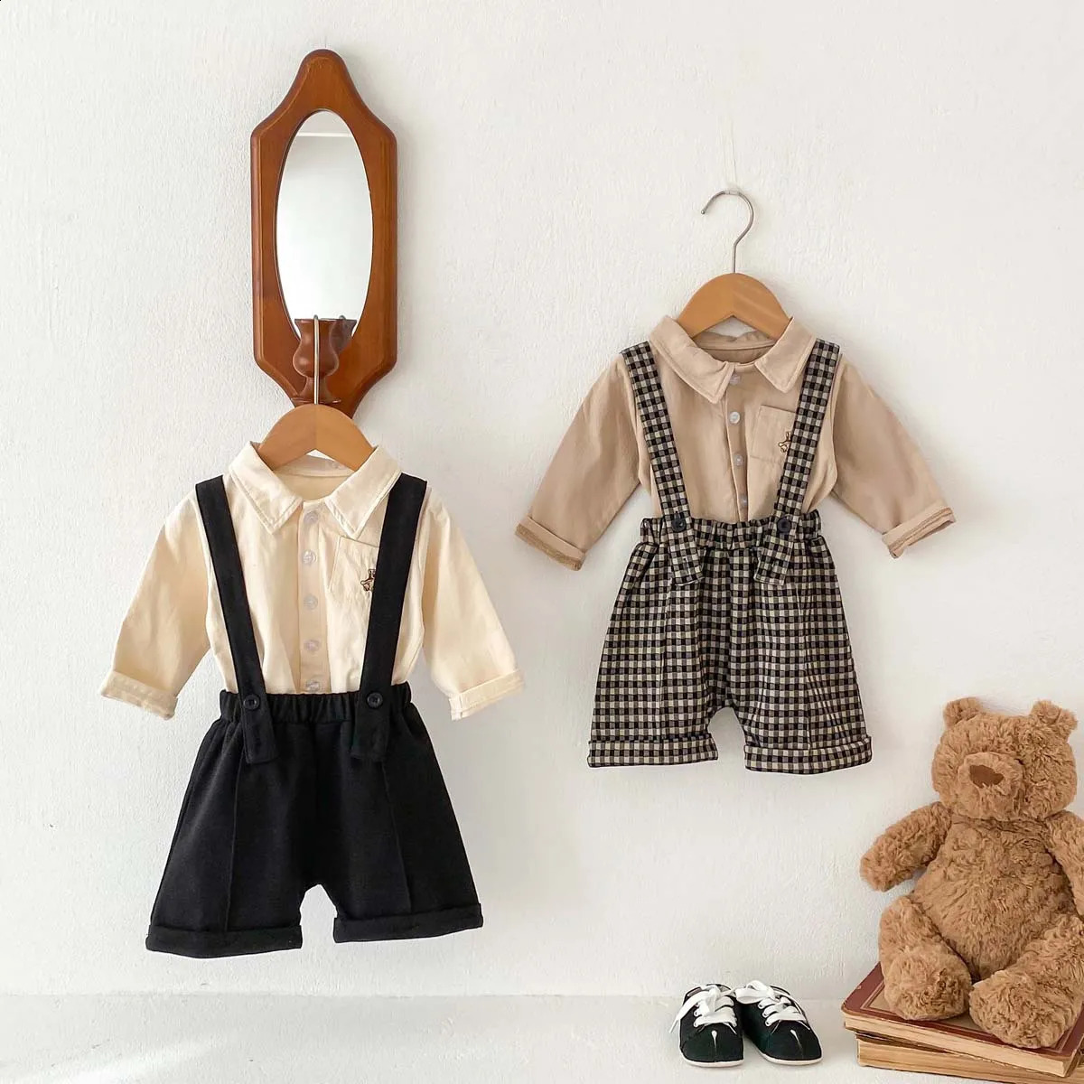 8404 Baby Clothing Set Spring Summer Korean Plaid Casual Strap Pant Or Long Sleeve Shirt Cotton Boys Twopiece 250117