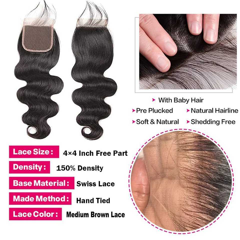 Vallbest Body Wave Bundles Human Hair With 4x4 Lace Clo Brazilian Hair Weave 3/4 Bundles With Clo Remy Hair ExtensionsXJ250120