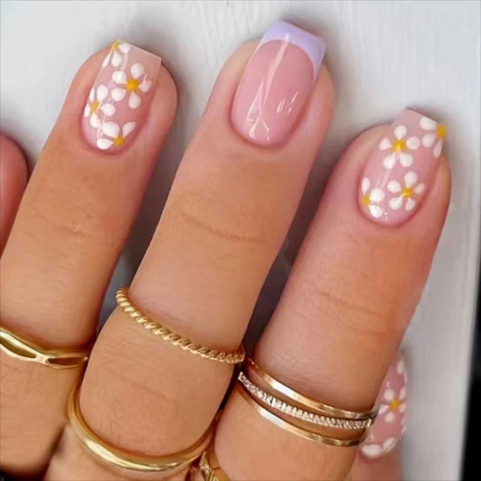 24Pcs/Set Women Middle Size Purple Border French White s Powder Full Coverage Wearable Nail Art Fake NailsW250120