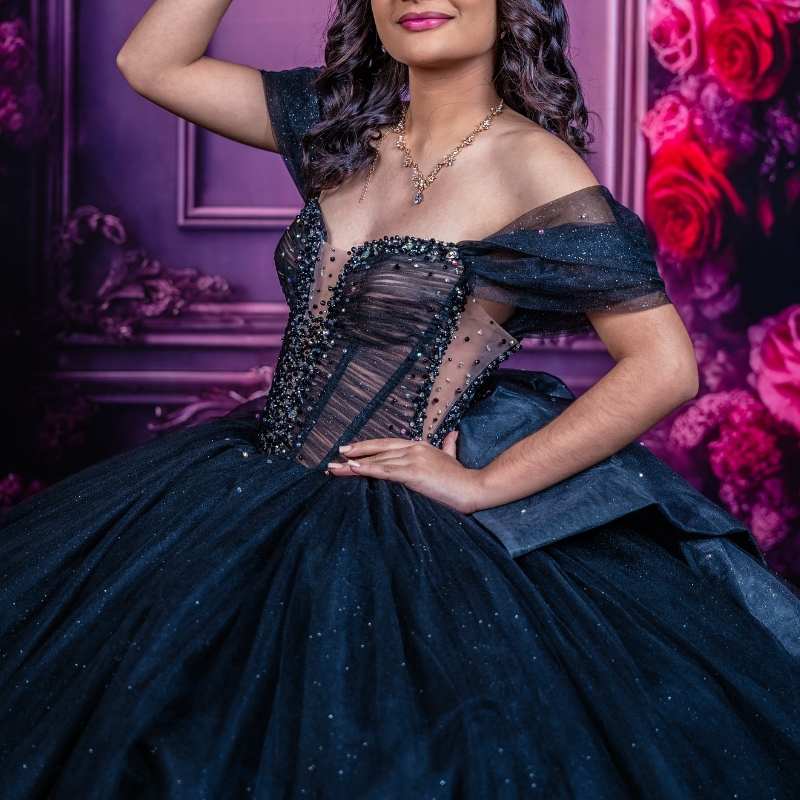 Black Quinceanera Dresses Ball Gown Off The Shoulder Beading Crystal Bow Tull Corset Party Birthday Sweet 16 Dress Vestidos 15 De Anos