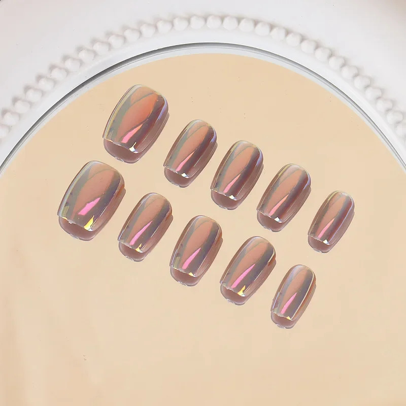 24PCS Cat Eyes Pink Red Magic Mirror Manicure Short Press on Nails Full Cover Ballet False Nails With Glue for Women 250108