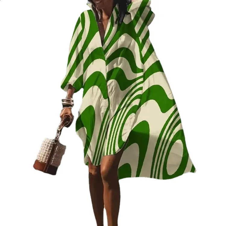 Autumn Dress Fashion Leisure Grace Printed Lapel Long Sleeve Loose Party Beach Women Shirt Dresses MsChuh 250122