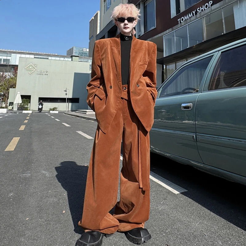 PFNW 2025 Spring Sets Lapel Loose Mens Double Breasted Suit Belt Casual Wide Leg Pants Suit Suede Retro Runway Niche 250121